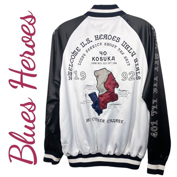 Blues Heroes Mens Satin Bomber Jacket Military Streetwear Japanese Style Medium